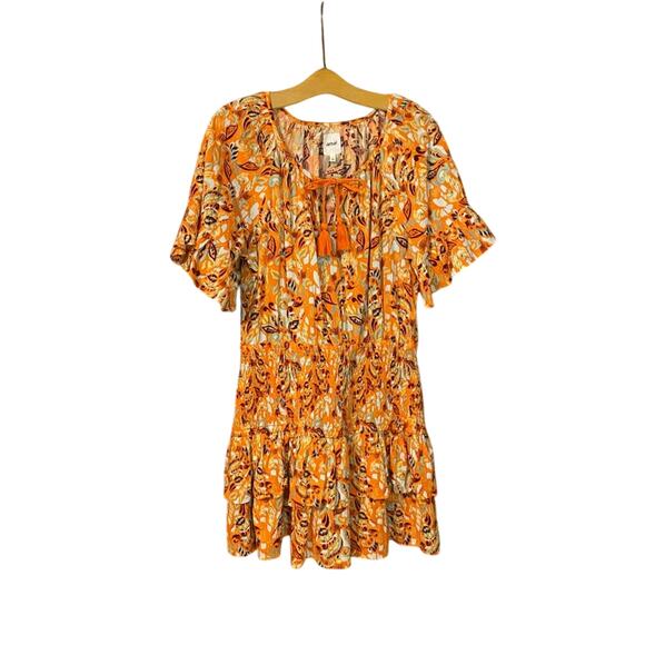 NWT Aerie Vibrant Orange Floral Mini Dress large 100% cotton boho flutter sleeve - Picture 1 of 10